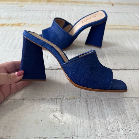 SCHUTZ Lizah Welt Wild NWOT size 7.5 Blue Calf Hair Leather Sandal Triangle Heel - Picture 12 of 12